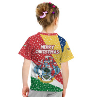 Seychelles Christmas Kid T Shirt with Flag Colors Pattern, Tropical Bird Motif, and National Coat of Arms - Wonder Print Shop