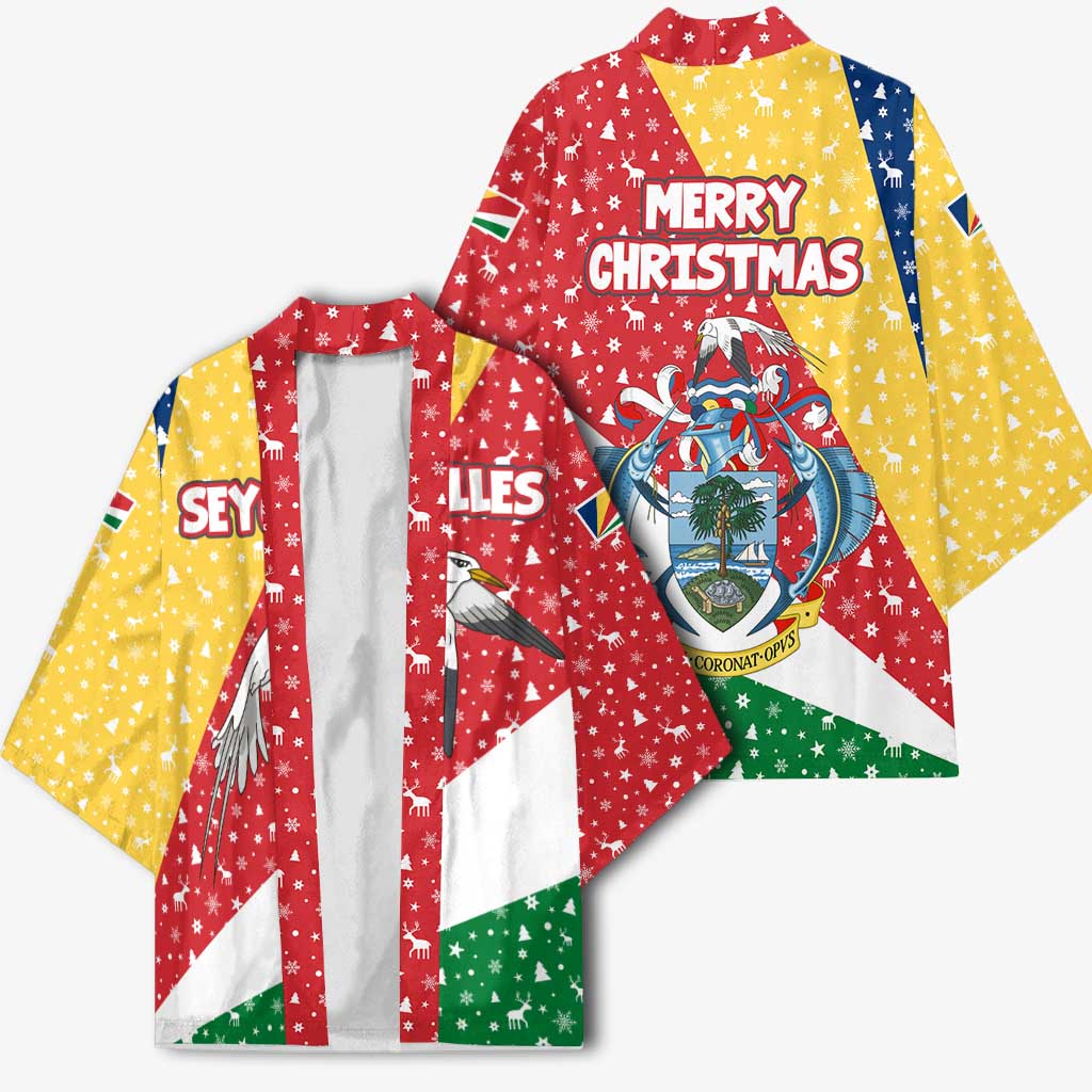 Seychelles Christmas Kimono with Flag Colors Pattern, Tropical Bird Motif, and National Coat of Arms - Wonder Print Shop