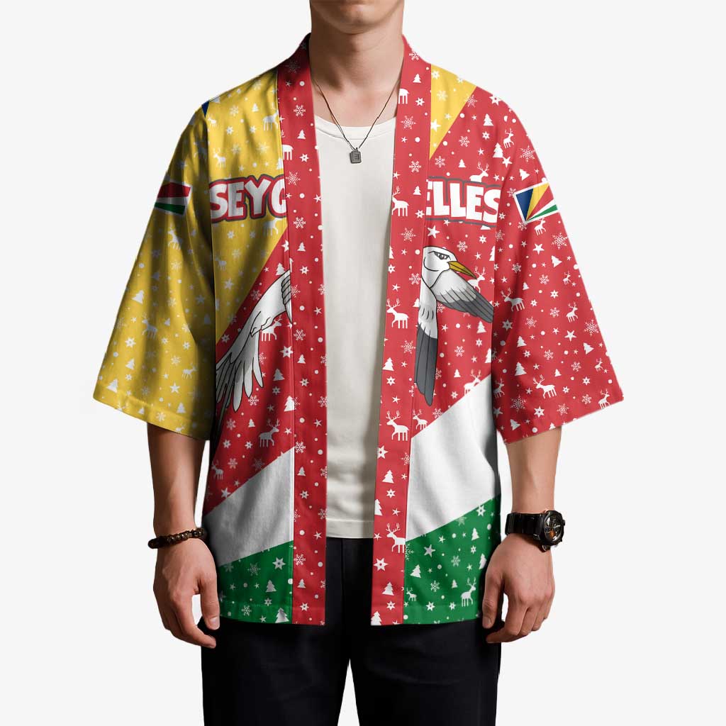Seychelles Christmas Kimono with Flag Colors Pattern, Tropical Bird Motif, and National Coat of Arms - Wonder Print Shop