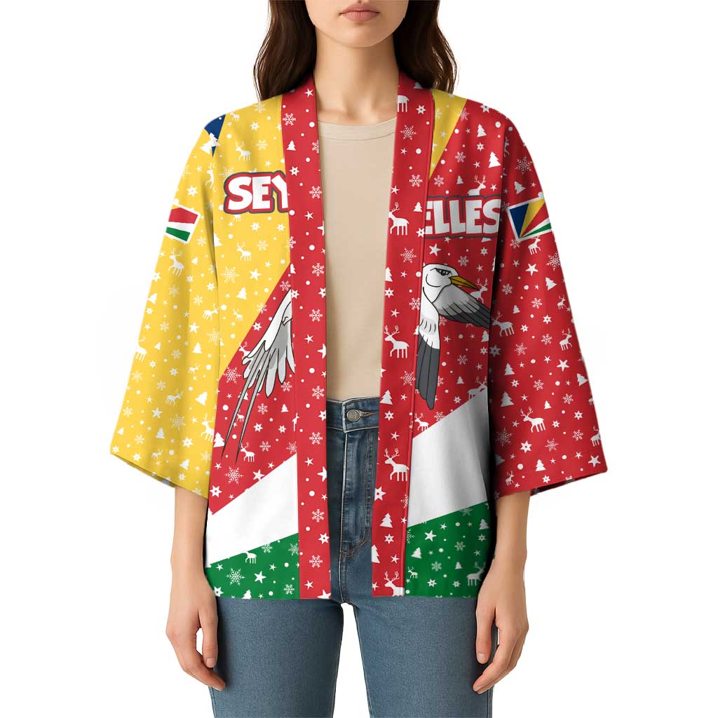 Seychelles Christmas Kimono with Flag Colors Pattern, Tropical Bird Motif, and National Coat of Arms - Wonder Print Shop