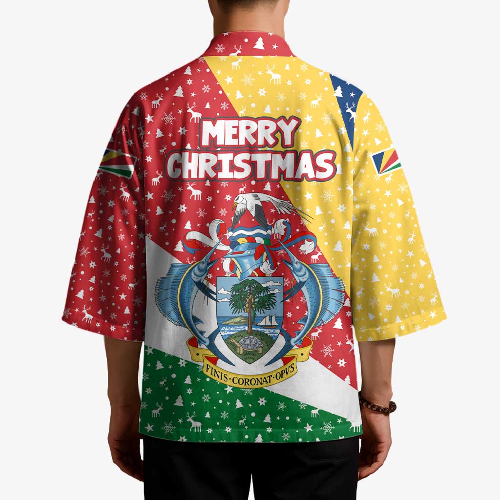 Seychelles Christmas Kimono with Flag Colors Pattern, Tropical Bird Motif, and National Coat of Arms - Wonder Print Shop