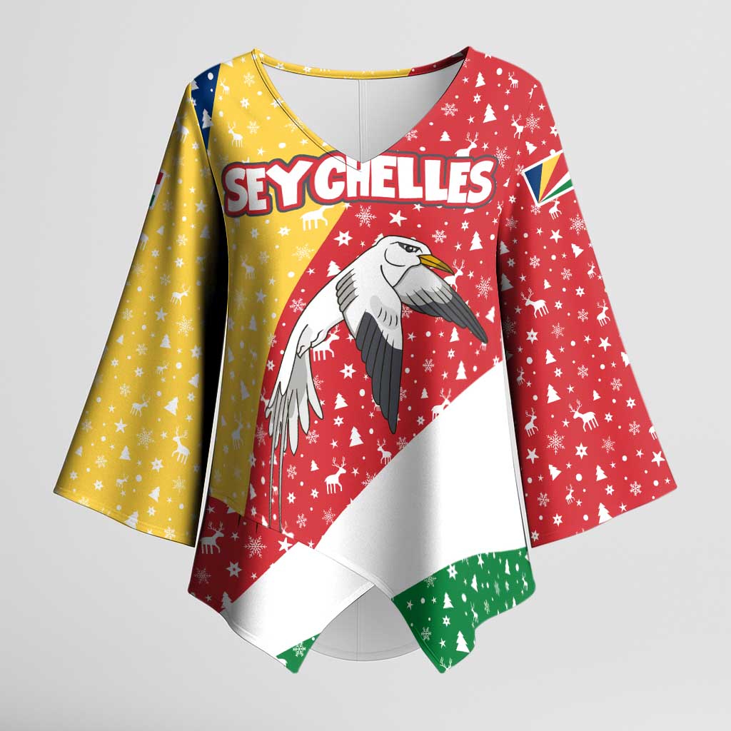 Seychelles Christmas Kimono Sleeve Blouse with Flag Colors Pattern, Tropical Bird Motif, and National Coat of Arms - Wonder Print Shop