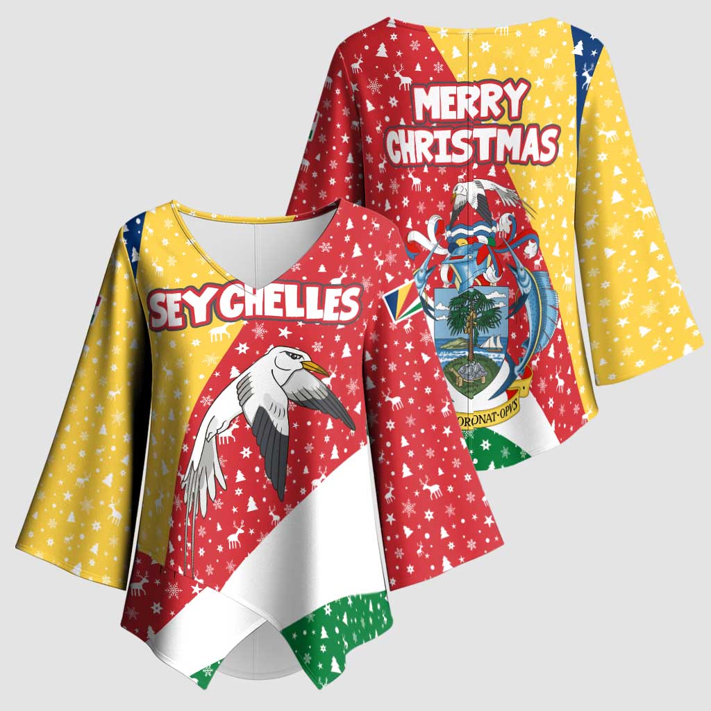 Seychelles Christmas Kimono Sleeve Blouse with Flag Colors Pattern, Tropical Bird Motif, and National Coat of Arms - Wonder Print Shop