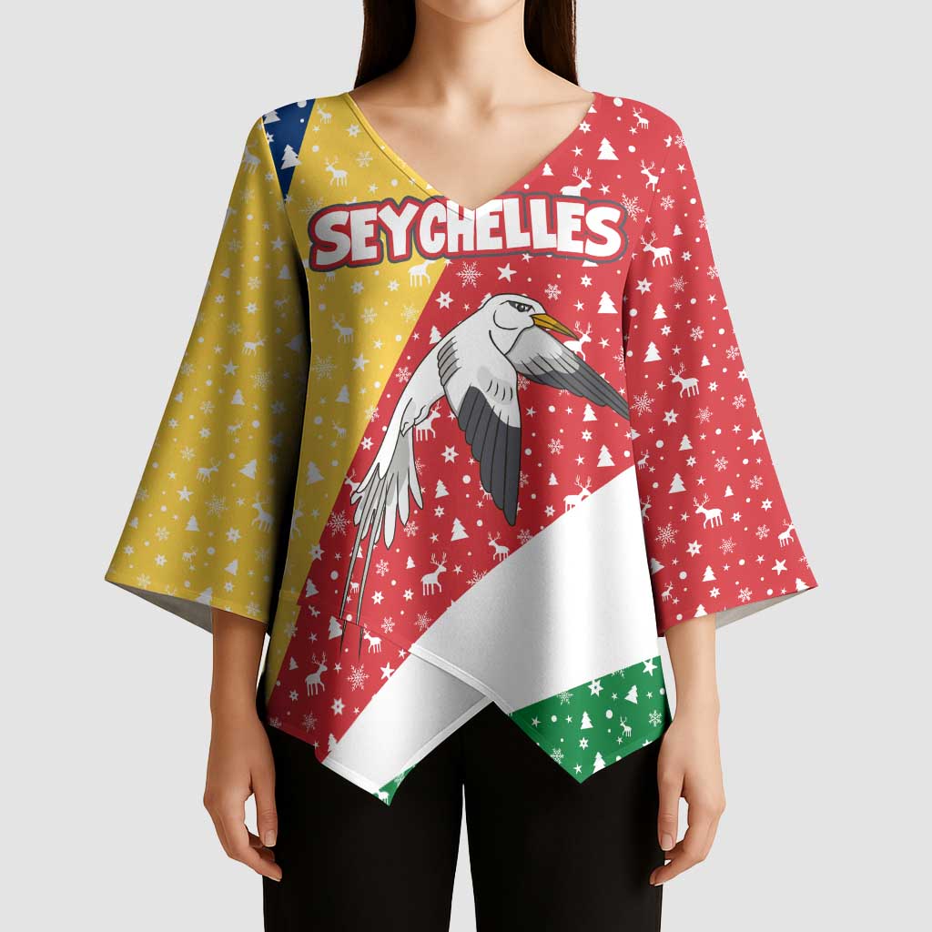 Seychelles Christmas Kimono Sleeve Blouse with Flag Colors Pattern, Tropical Bird Motif, and National Coat of Arms - Wonder Print Shop
