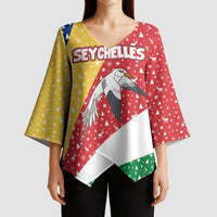 Seychelles Christmas Kimono Sleeve Blouse with Flag Colors Pattern, Tropical Bird Motif, and National Coat of Arms - Wonder Print Shop