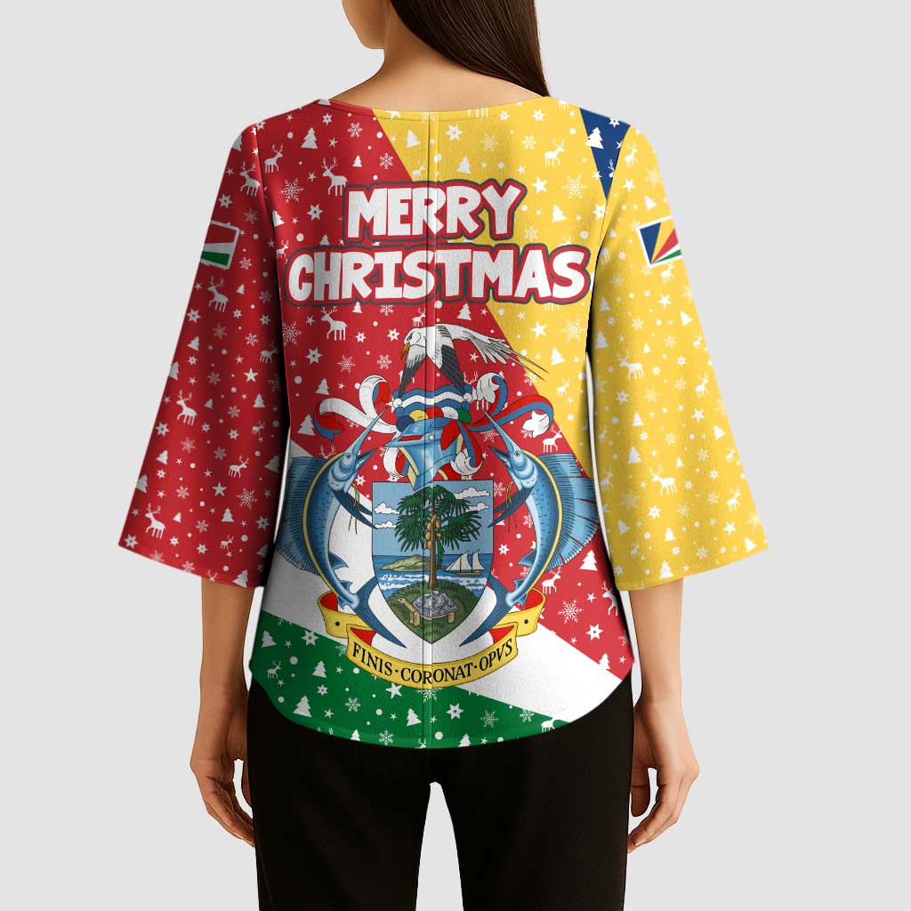 Seychelles Christmas Kimono Sleeve Blouse with Flag Colors Pattern, Tropical Bird Motif, and National Coat of Arms - Wonder Print Shop
