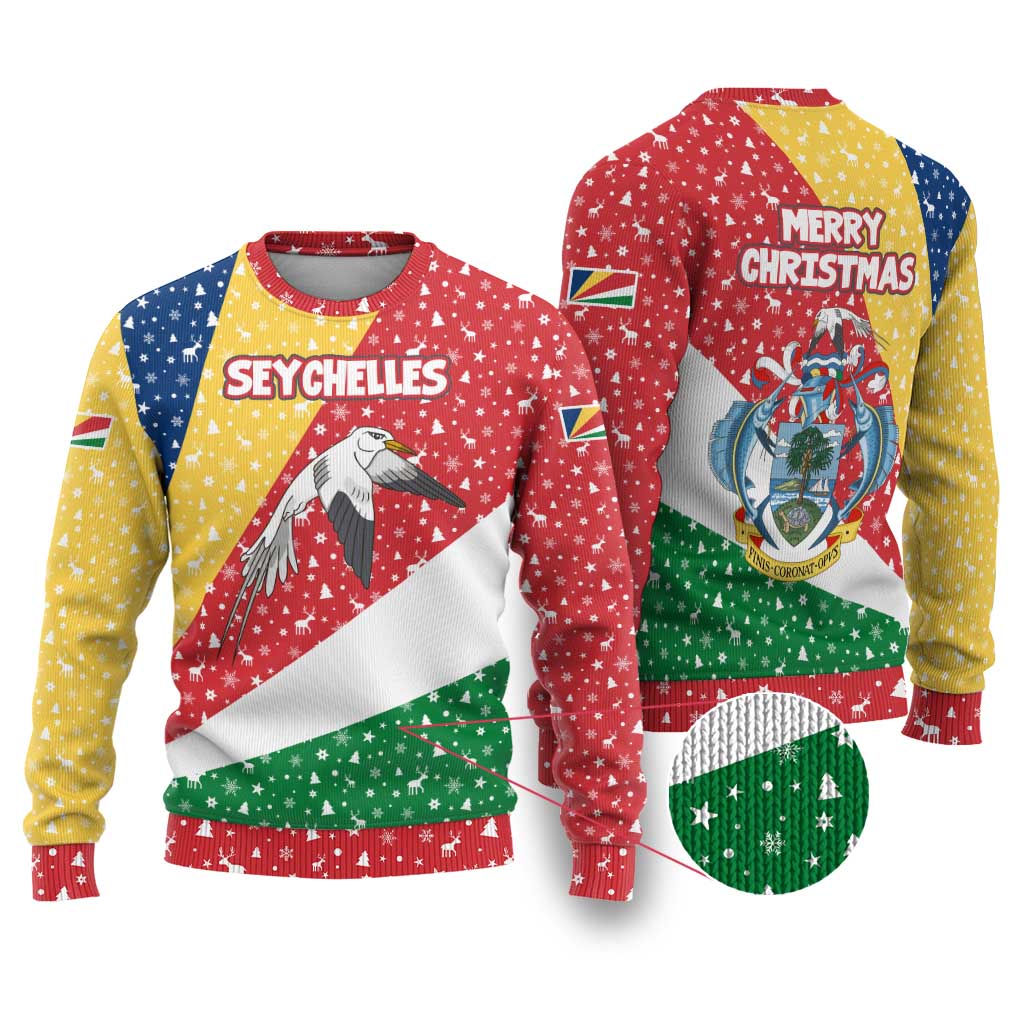Seychelles Christmas Ugly Christmas Sweater with Flag Colors Pattern, Tropical Bird Motif, and National Coat of Arms - Wonder Print Shop