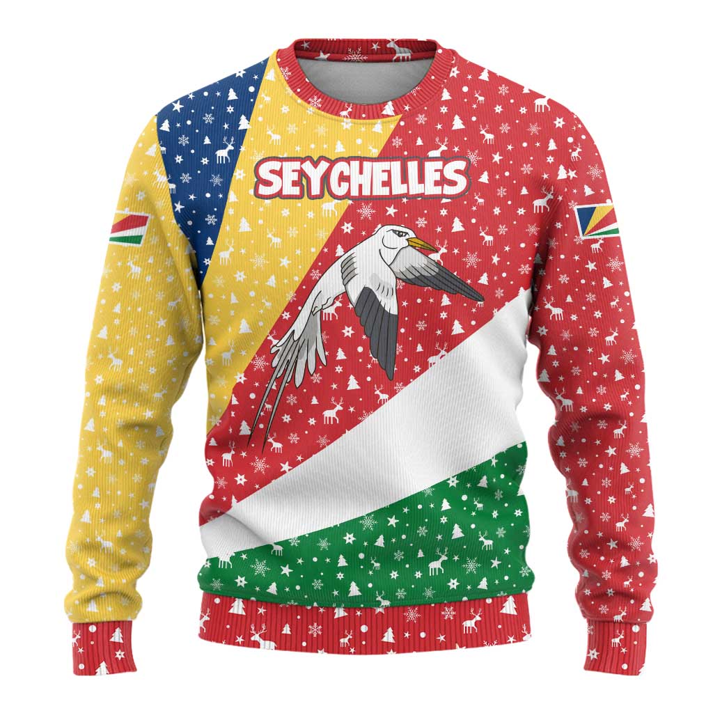 Seychelles Christmas Ugly Christmas Sweater with Flag Colors Pattern, Tropical Bird Motif, and National Coat of Arms - Wonder Print Shop