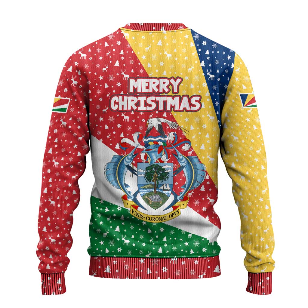 Seychelles Christmas Ugly Christmas Sweater with Flag Colors Pattern, Tropical Bird Motif, and National Coat of Arms - Wonder Print Shop