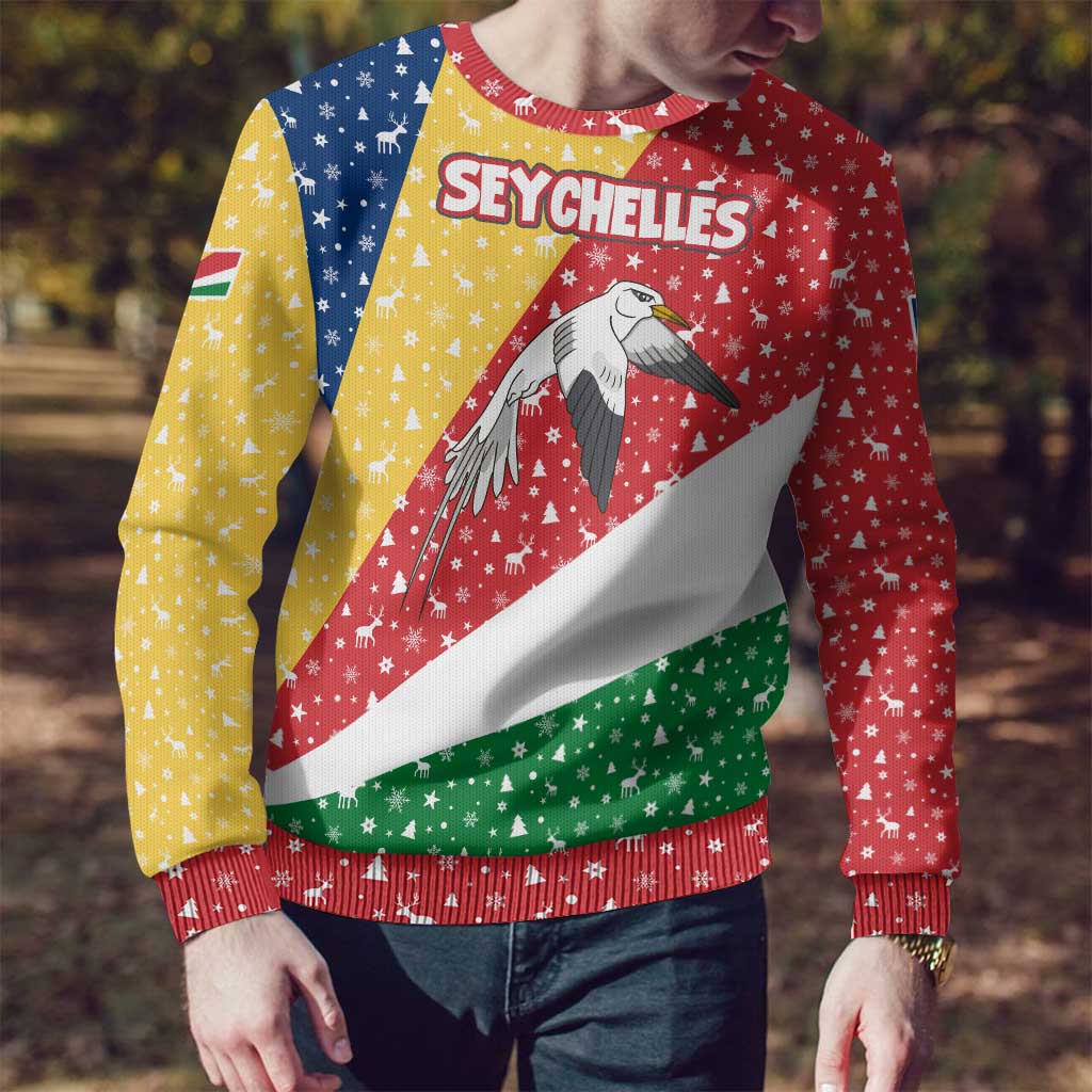 Seychelles Christmas Ugly Christmas Sweater with Flag Colors Pattern, Tropical Bird Motif, and National Coat of Arms - Wonder Print Shop