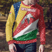 Seychelles Christmas Ugly Christmas Sweater with Flag Colors Pattern, Tropical Bird Motif, and National Coat of Arms - Wonder Print Shop