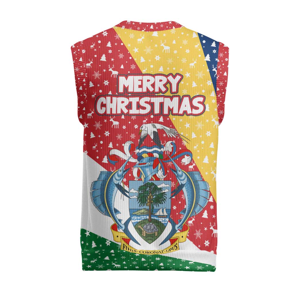 Seychelles Christmas Knitted V-Neck Vest with Flag Colors Pattern, Tropical Bird Motif, and National Coat of Arms - Wonder Print Shop