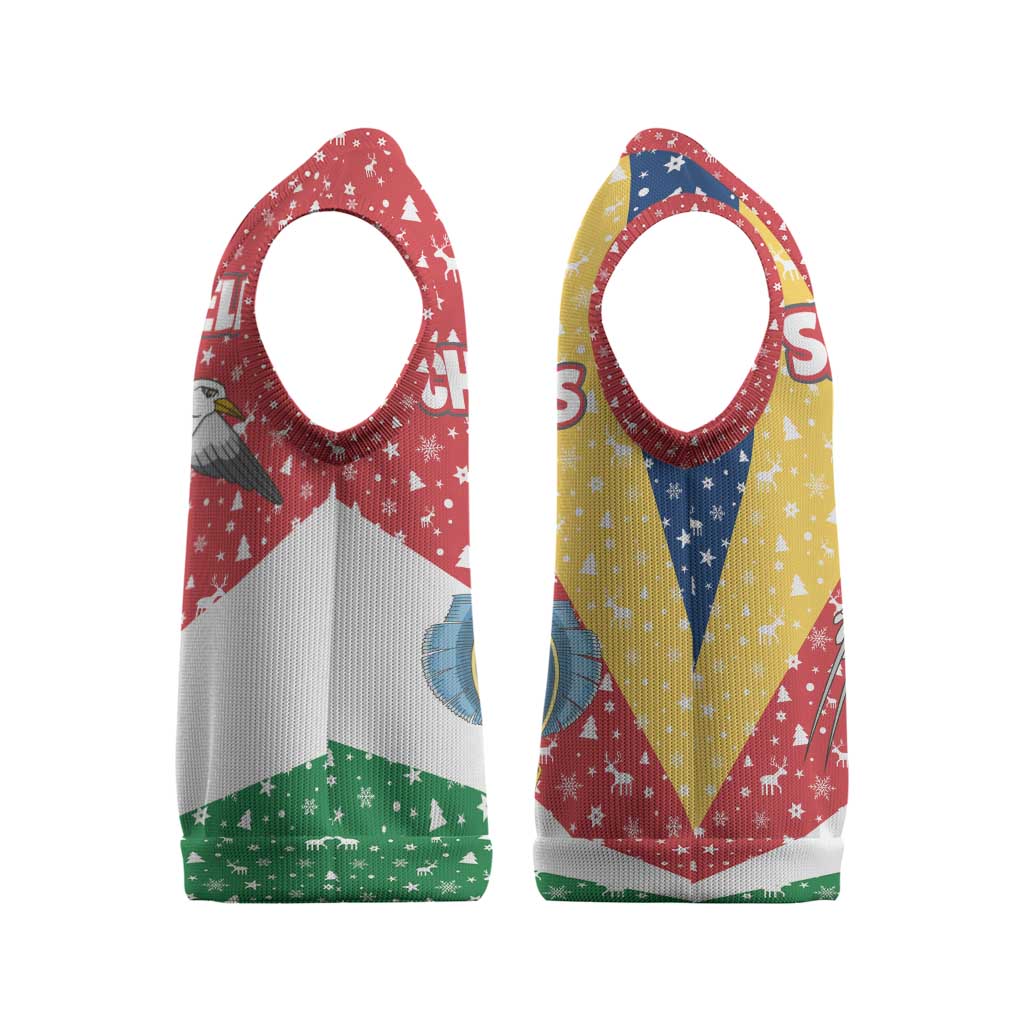 Seychelles Christmas Knitted V-Neck Vest with Flag Colors Pattern, Tropical Bird Motif, and National Coat of Arms - Wonder Print Shop