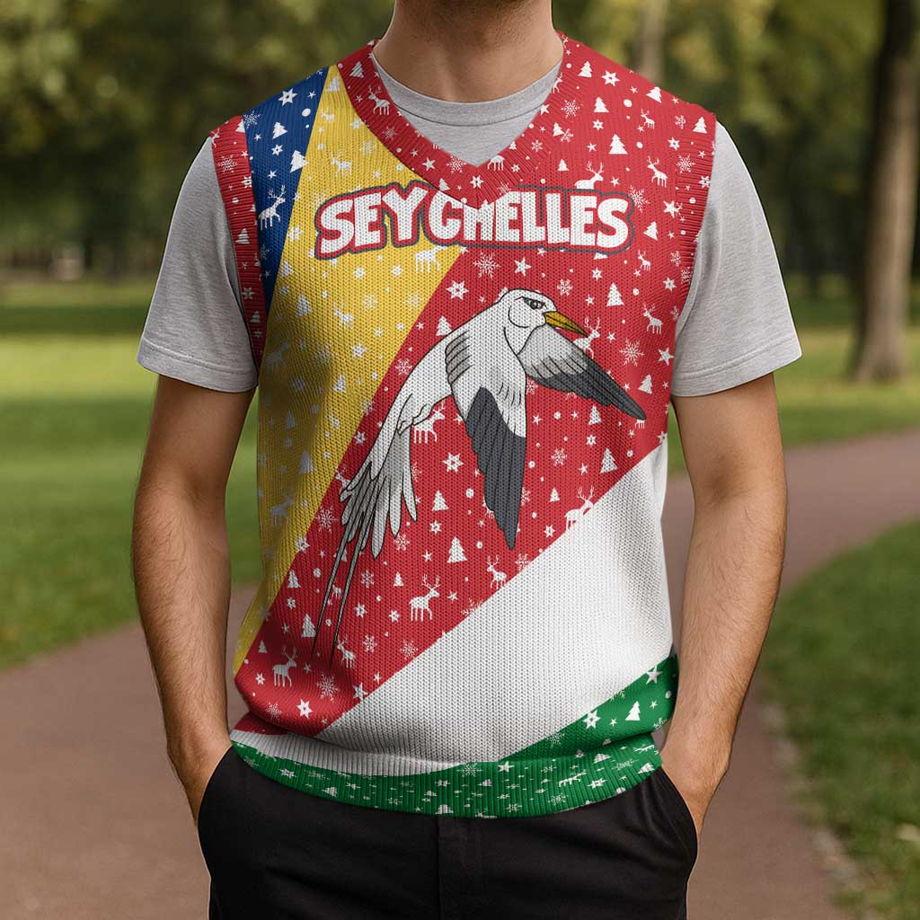 Seychelles Christmas Knitted V-Neck Vest with Flag Colors Pattern, Tropical Bird Motif, and National Coat of Arms - Wonder Print Shop
