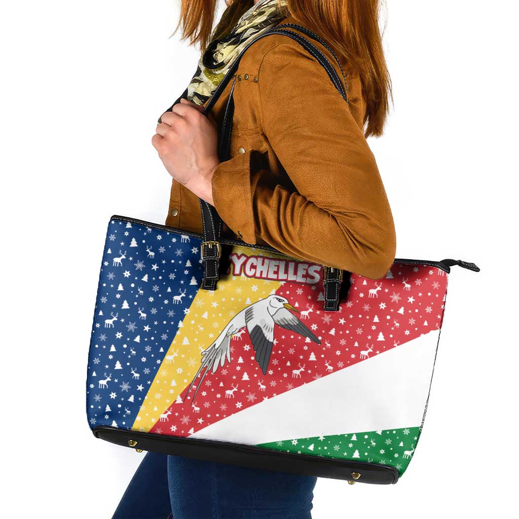 Seychelles Christmas Leather Tote Bag with Flag Colors Pattern, Tropical Bird Motif, and National Coat of Arms - Wonder Print Shop