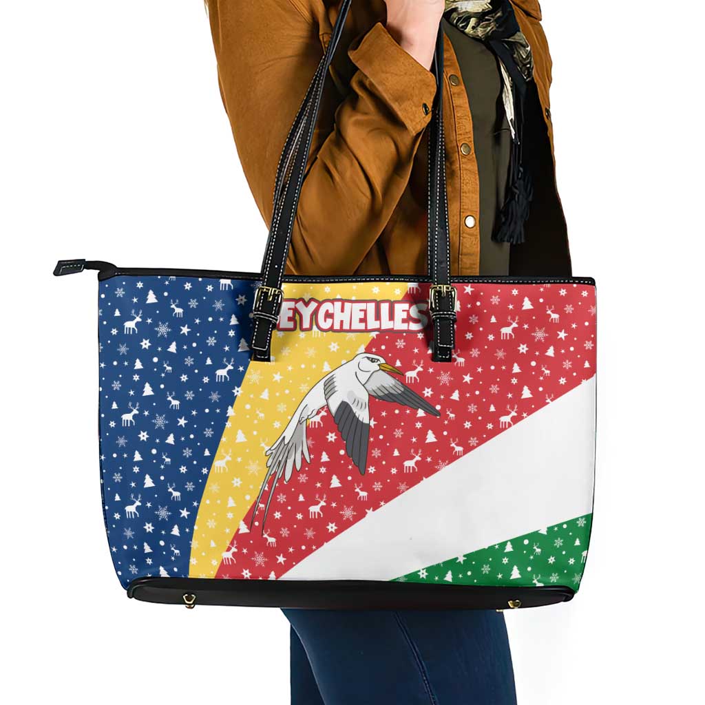 Seychelles Christmas Leather Tote Bag with Flag Colors Pattern, Tropical Bird Motif, and National Coat of Arms - Wonder Print Shop