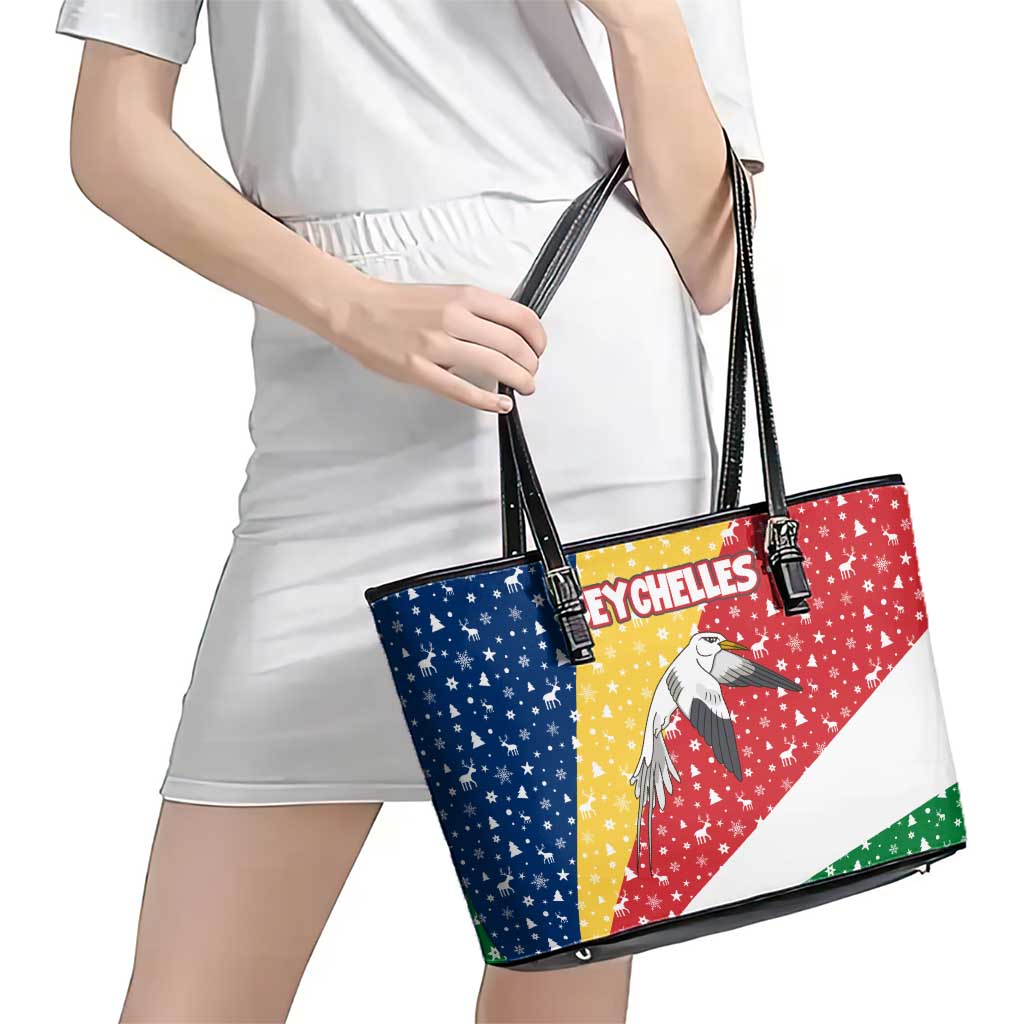 Seychelles Christmas Leather Tote Bag with Flag Colors Pattern, Tropical Bird Motif, and National Coat of Arms - Wonder Print Shop