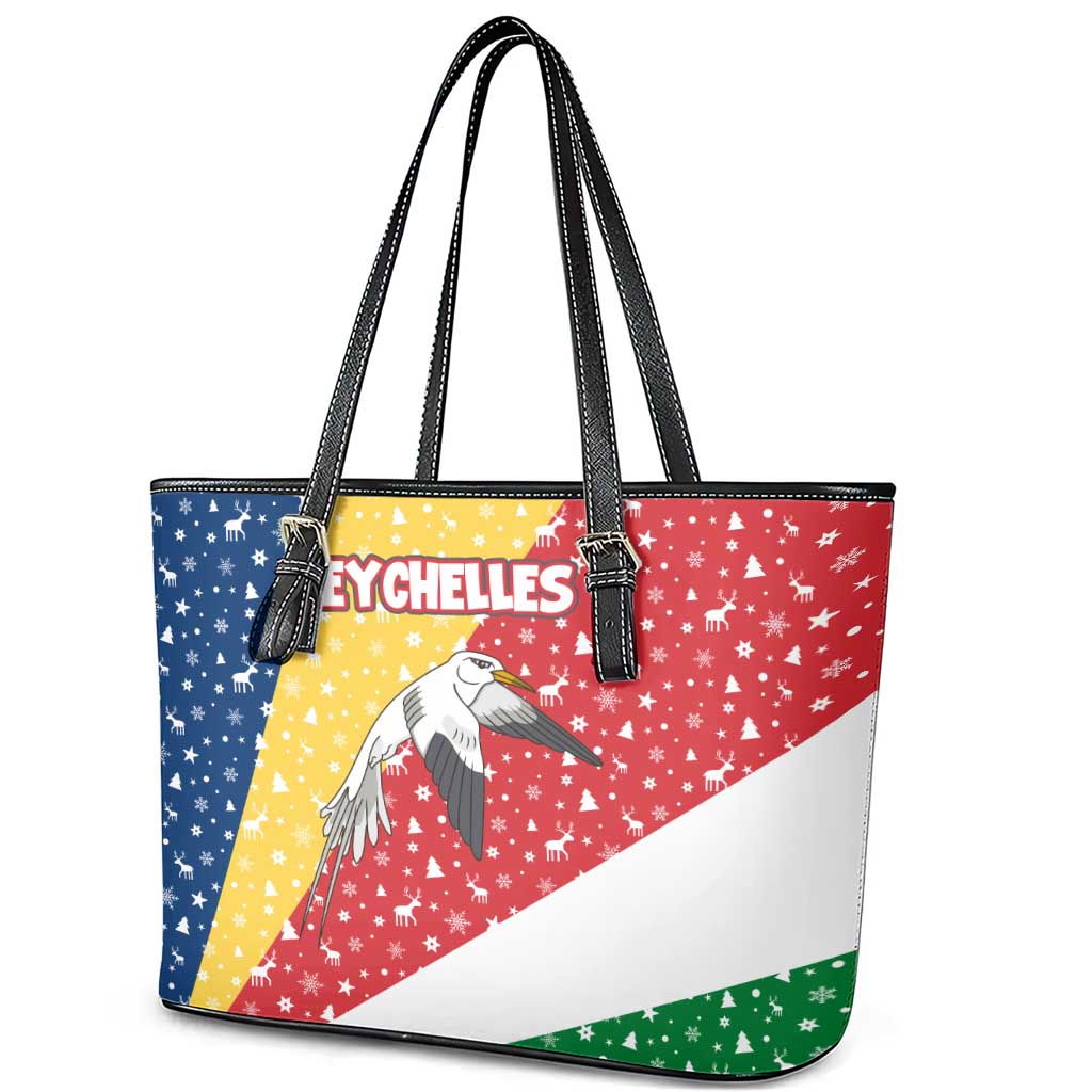Seychelles Christmas Leather Tote Bag with Flag Colors Pattern, Tropical Bird Motif, and National Coat of Arms - Wonder Print Shop