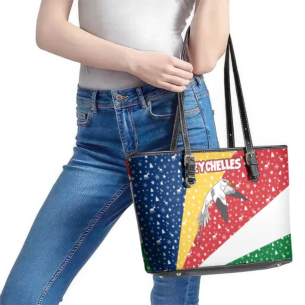 Seychelles Christmas Leather Tote Bag with Flag Colors Pattern, Tropical Bird Motif, and National Coat of Arms - Wonder Print Shop