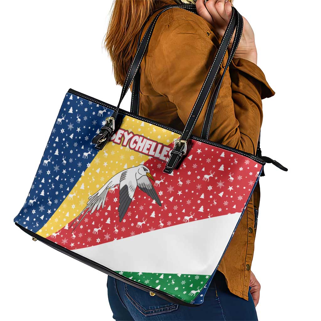 Seychelles Christmas Leather Tote Bag with Flag Colors Pattern, Tropical Bird Motif, and National Coat of Arms - Wonder Print Shop