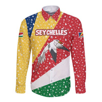 Seychelles Christmas Long Sleeve Button Shirt with Flag Colors Pattern, Tropical Bird Motif, and National Coat of Arms - Wonder Print Shop
