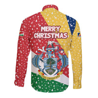 Seychelles Christmas Long Sleeve Button Shirt with Flag Colors Pattern, Tropical Bird Motif, and National Coat of Arms - Wonder Print Shop