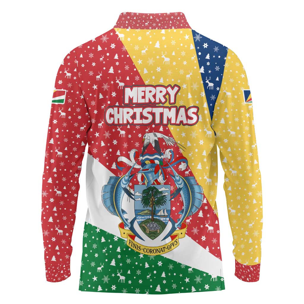 Seychelles Christmas Long Sleeve Polo Shirt with Flag Colors Pattern, Tropical Bird Motif, and National Coat of Arms - Wonder Print Shop