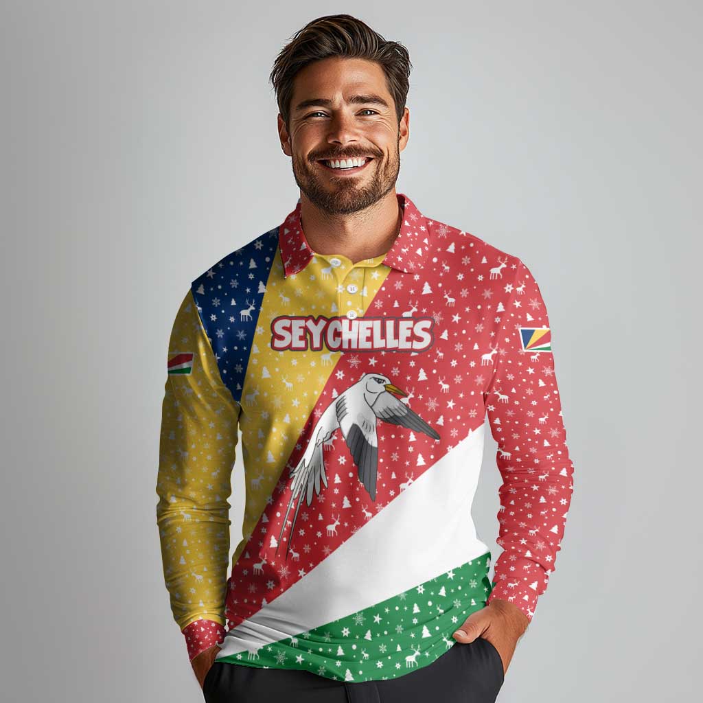 Seychelles Christmas Long Sleeve Polo Shirt with Flag Colors Pattern, Tropical Bird Motif, and National Coat of Arms - Wonder Print Shop