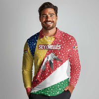Seychelles Christmas Long Sleeve Polo Shirt with Flag Colors Pattern, Tropical Bird Motif, and National Coat of Arms - Wonder Print Shop