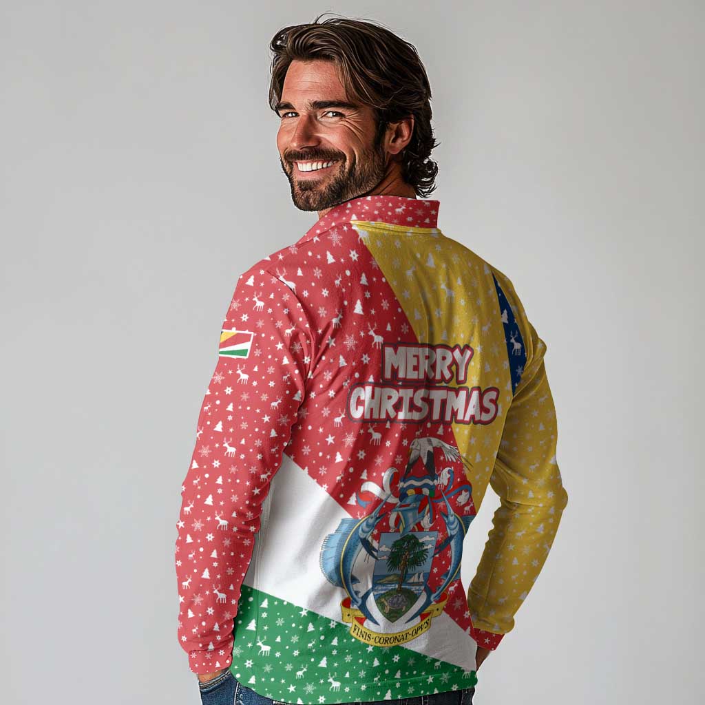 Seychelles Christmas Long Sleeve Polo Shirt with Flag Colors Pattern, Tropical Bird Motif, and National Coat of Arms - Wonder Print Shop