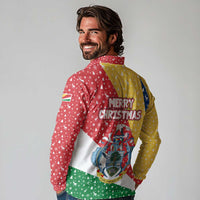 Seychelles Christmas Long Sleeve Polo Shirt with Flag Colors Pattern, Tropical Bird Motif, and National Coat of Arms - Wonder Print Shop