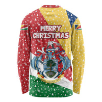 Seychelles Christmas Long Sleeve Shirt with Flag Colors Pattern, Tropical Bird Motif, and National Coat of Arms - Wonder Print Shop
