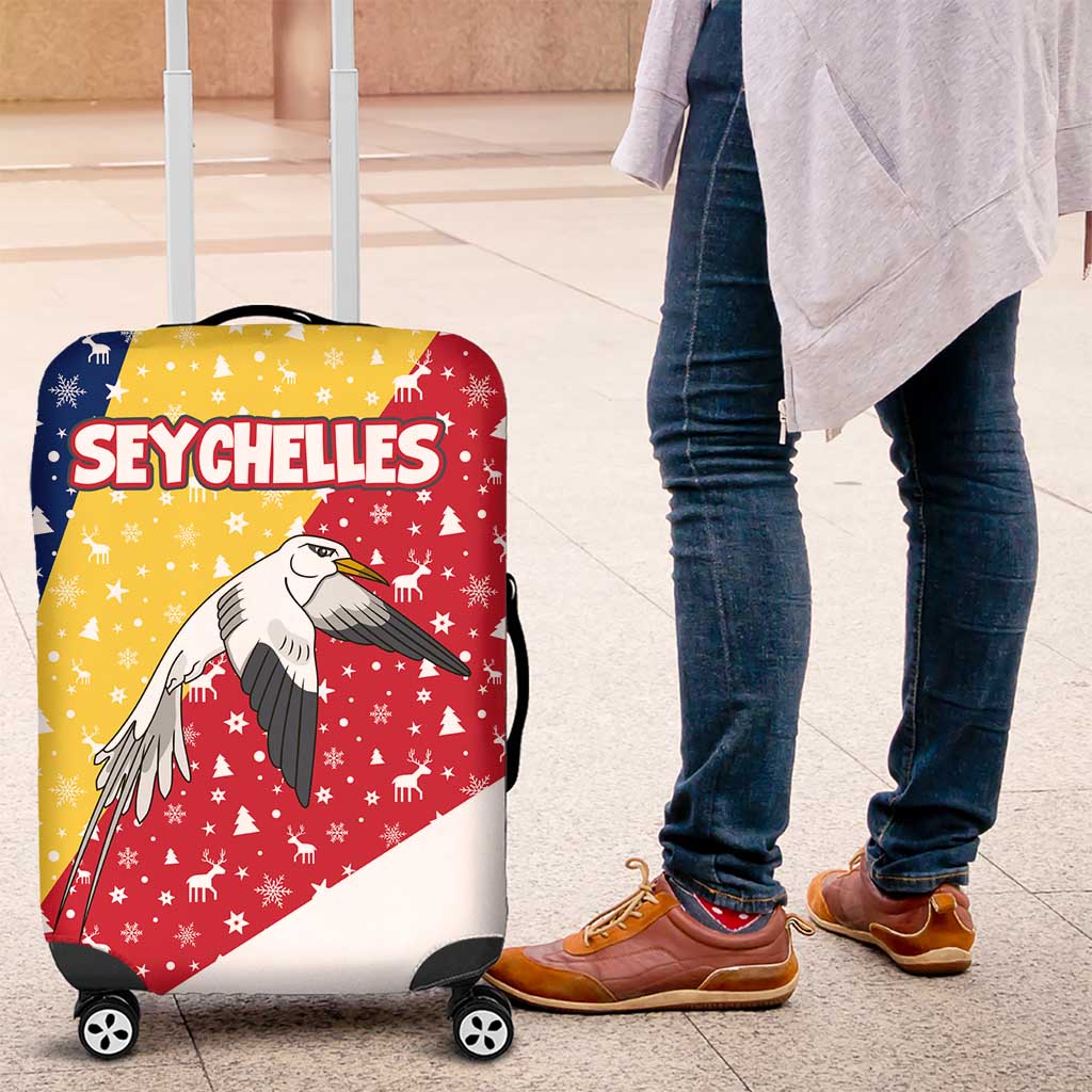 Seychelles Christmas Luggage Cover with Flag Colors Pattern, Tropical Bird Motif, and National Coat of Arms - Wonder Print Shop