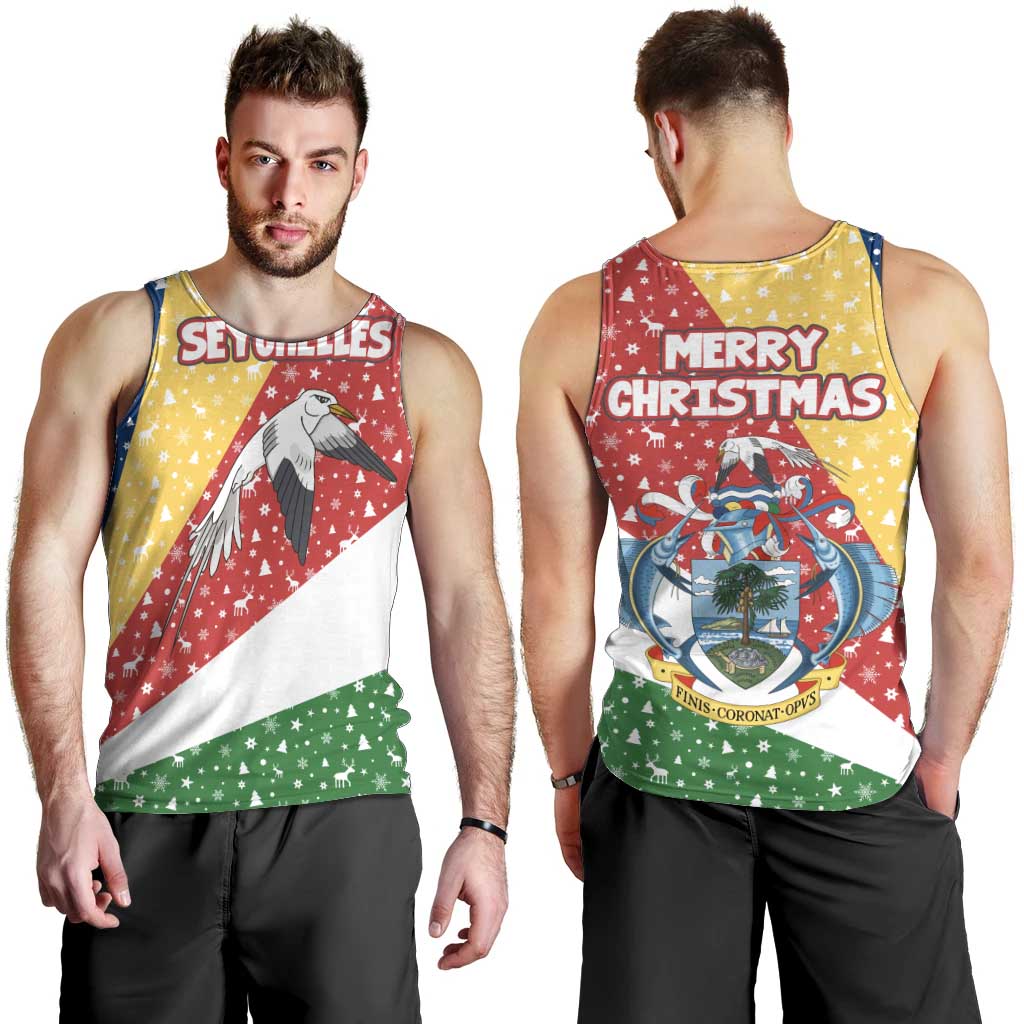 Seychelles Christmas Men Tank Top with Flag Colors Pattern, Tropical Bird Motif, and National Coat of Arms - Wonder Print Shop