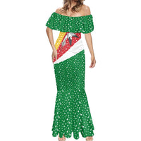 Seychelles Christmas Mermaid Dress with Flag Colors Pattern, Tropical Bird Motif, and National Coat of Arms - Wonder Print Shop