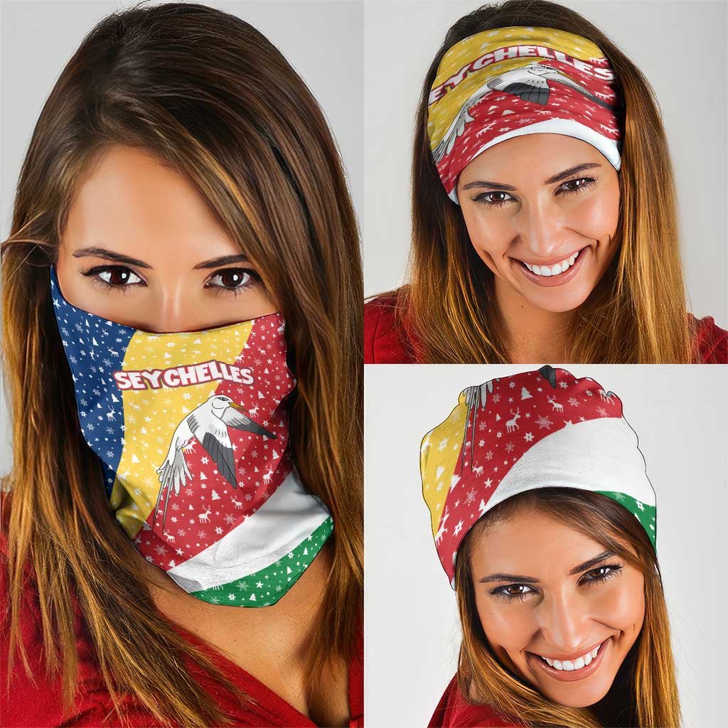 Seychelles Christmas Neck Gaiter with Flag Colors Pattern, Tropical Bird Motif, and National Coat of Arms - Wonder Print Shop