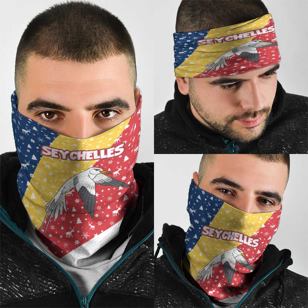 Seychelles Christmas Neck Gaiter with Flag Colors Pattern, Tropical Bird Motif, and National Coat of Arms - Wonder Print Shop