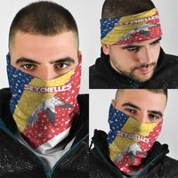 Seychelles Christmas Neck Gaiter with Flag Colors Pattern, Tropical Bird Motif, and National Coat of Arms - Wonder Print Shop