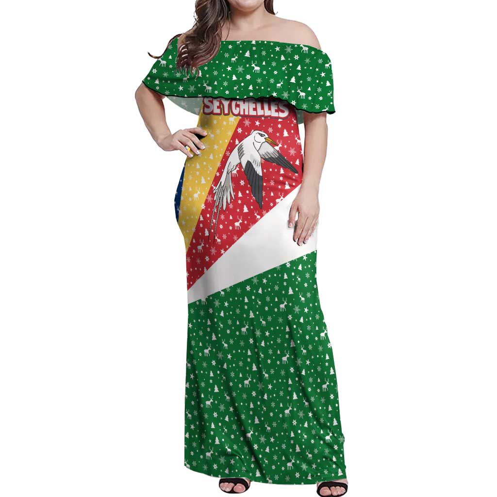 Seychelles Christmas Off Shoulder Maxi Dress with Flag Colors Pattern, Tropical Bird Motif, and National Coat of Arms - Wonder Print Shop