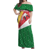 Seychelles Christmas Off Shoulder Maxi Dress with Flag Colors Pattern, Tropical Bird Motif, and National Coat of Arms - Wonder Print Shop