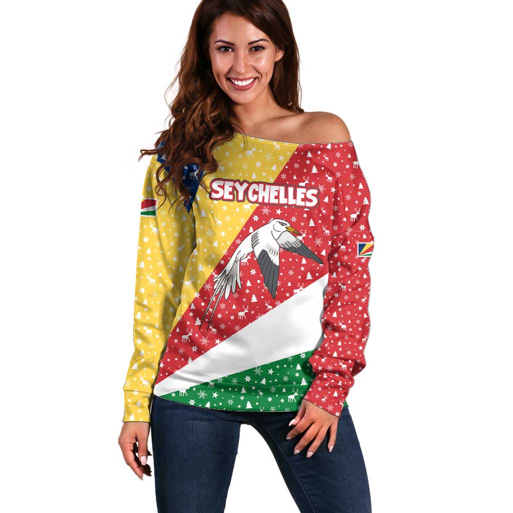Seychelles Christmas Off Shoulder Sweater with Flag Colors Pattern, Tropical Bird Motif, and National Coat of Arms - Wonder Print Shop