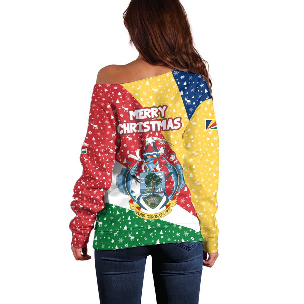 Seychelles Christmas Off Shoulder Sweater with Flag Colors Pattern, Tropical Bird Motif, and National Coat of Arms - Wonder Print Shop