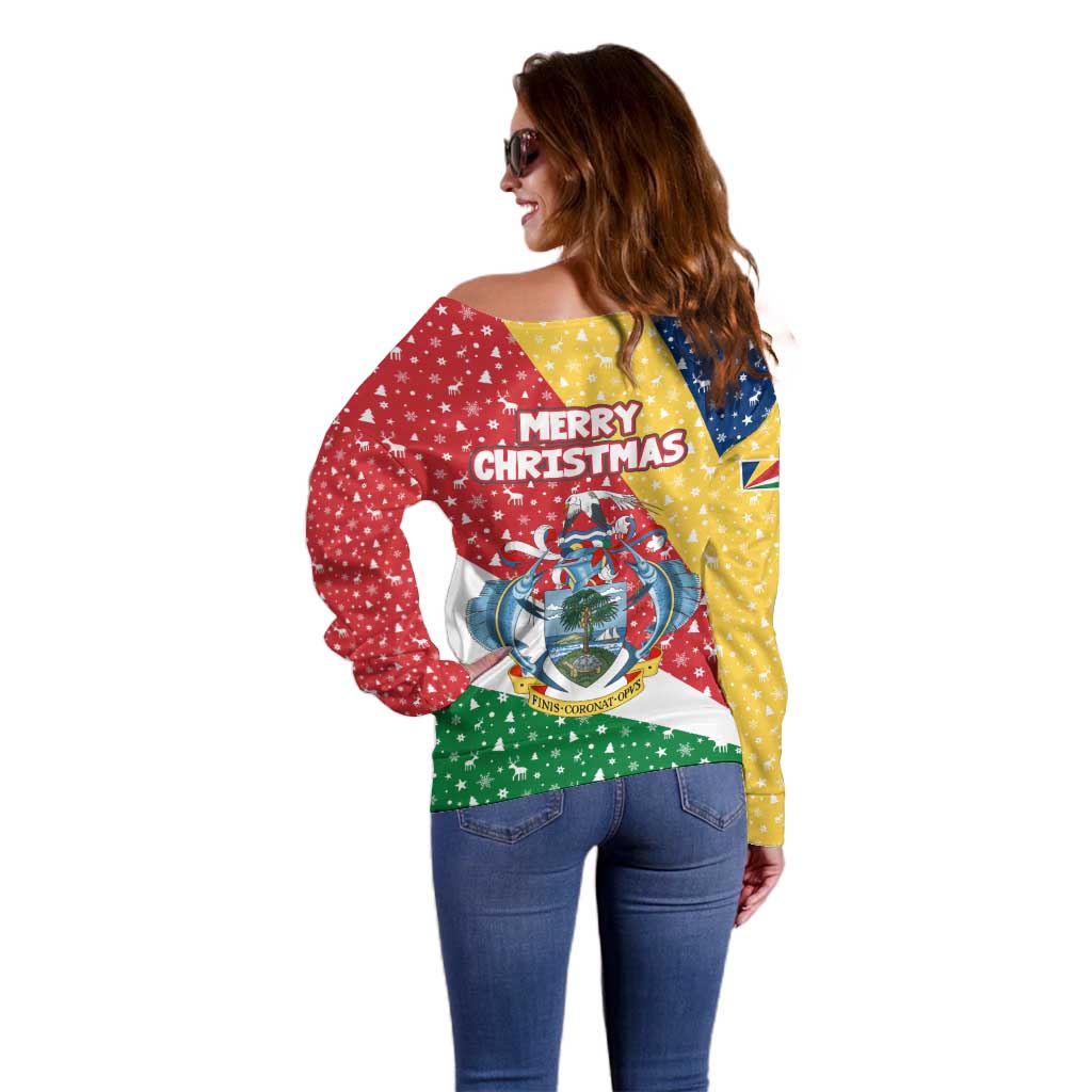 Seychelles Christmas Off Shoulder Sweater with Flag Colors Pattern, Tropical Bird Motif, and National Coat of Arms - Wonder Print Shop