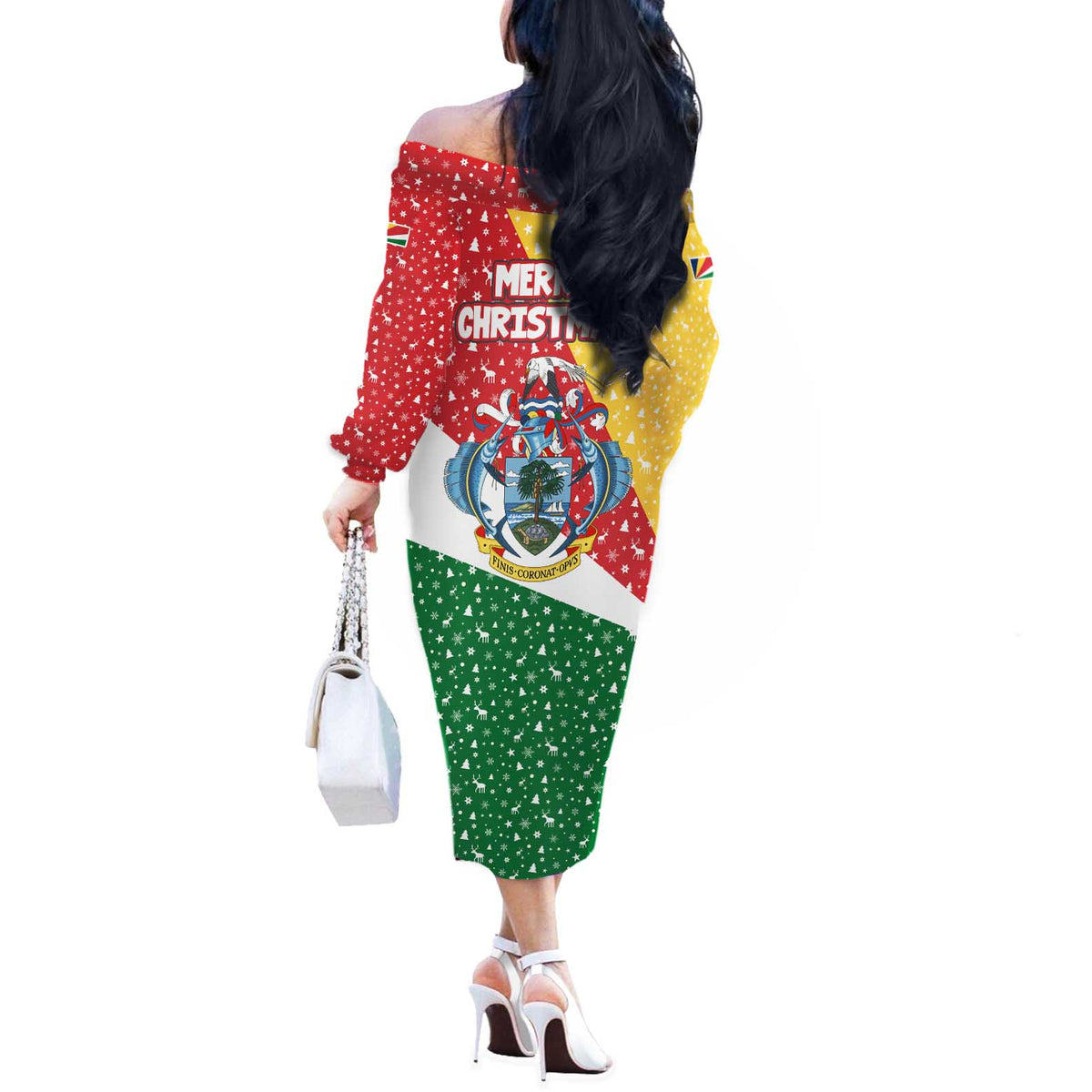 Seychelles Christmas Off The Shoulder Long Sleeve Dress with Flag Colors Pattern, Tropical Bird Motif, and National Coat of Arms - Wonder Print Shop