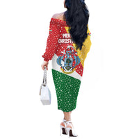 Seychelles Christmas Off The Shoulder Long Sleeve Dress with Flag Colors Pattern, Tropical Bird Motif, and National Coat of Arms - Wonder Print Shop