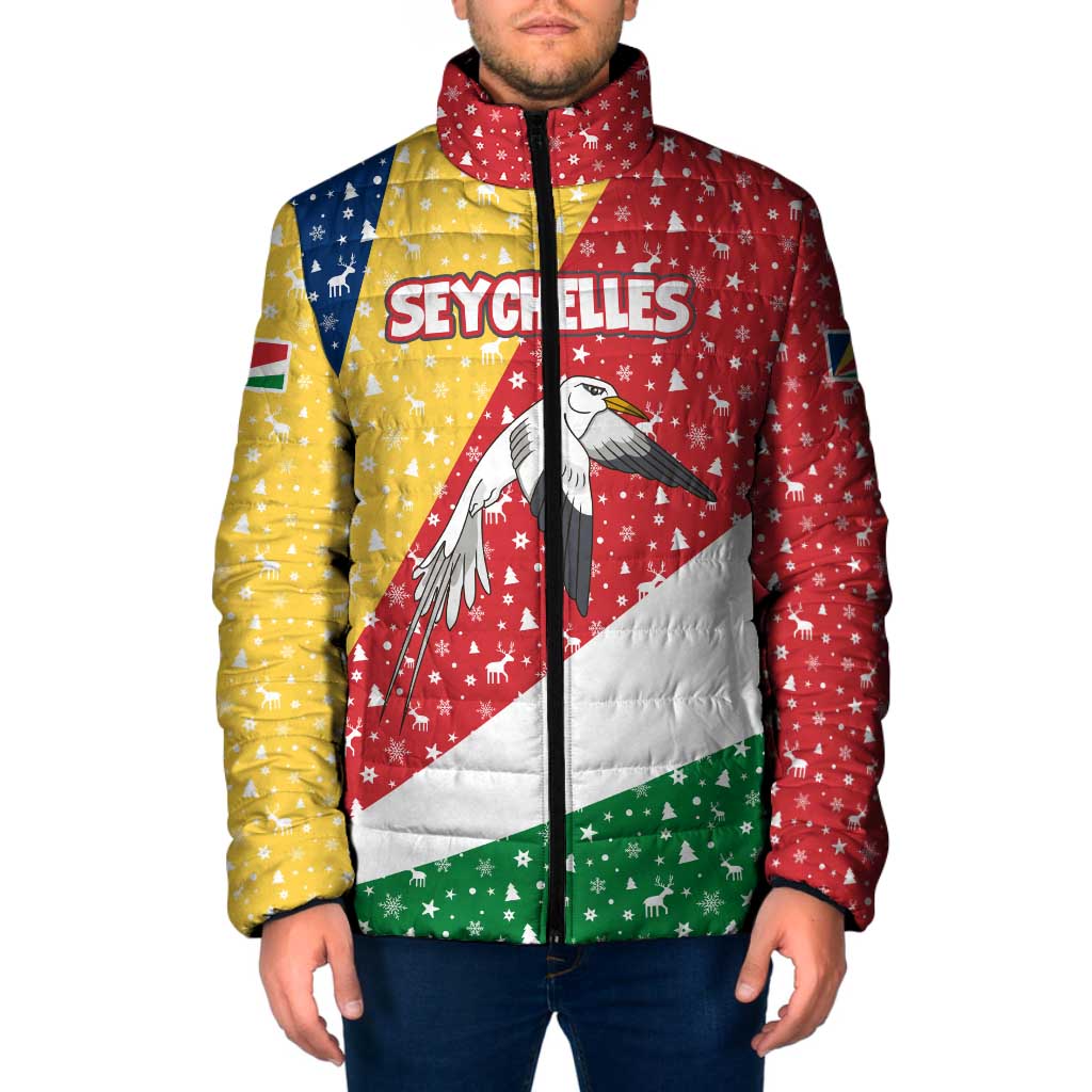 Seychelles Christmas Padded Jacket with Flag Colors Pattern, Tropical Bird Motif, and National Coat of Arms - Wonder Print Shop