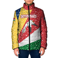 Seychelles Christmas Padded Jacket with Flag Colors Pattern, Tropical Bird Motif, and National Coat of Arms - Wonder Print Shop