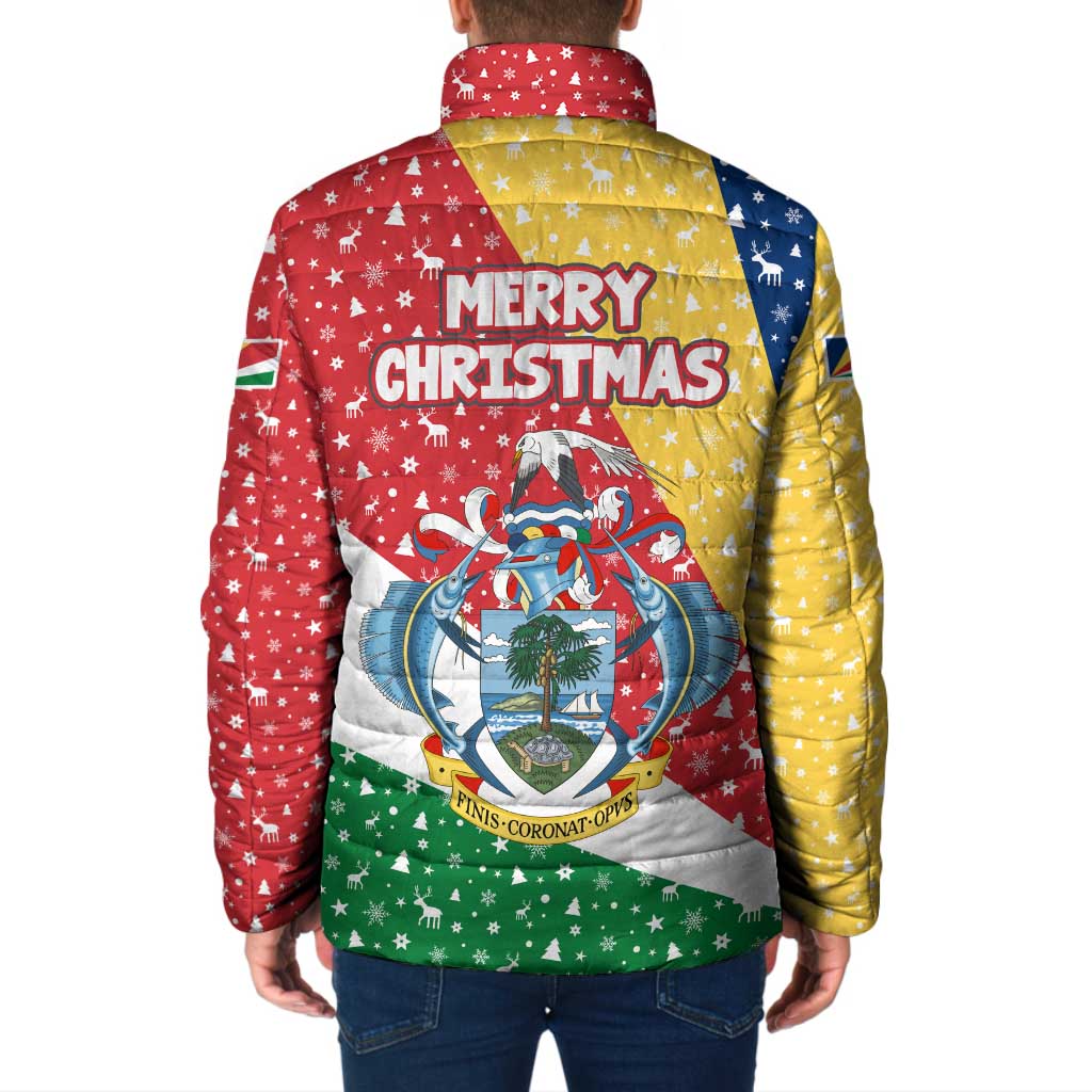 Seychelles Christmas Padded Jacket with Flag Colors Pattern, Tropical Bird Motif, and National Coat of Arms - Wonder Print Shop