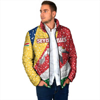 Seychelles Christmas Padded Jacket with Flag Colors Pattern, Tropical Bird Motif, and National Coat of Arms - Wonder Print Shop