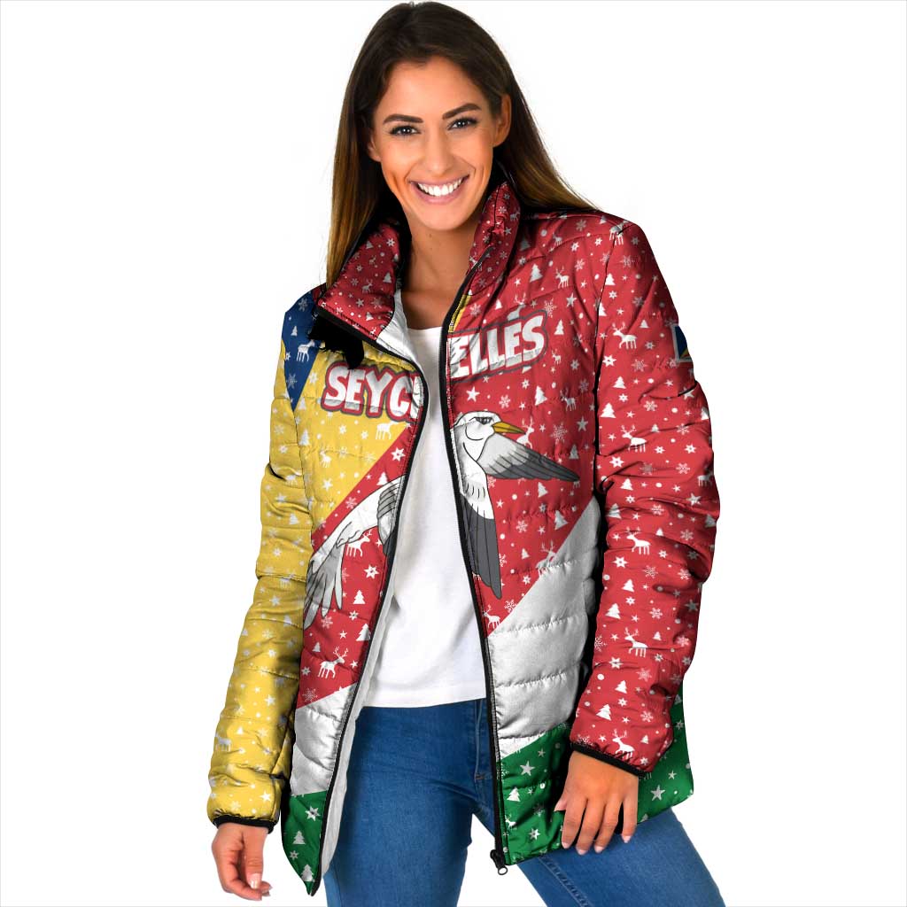 Seychelles Christmas Padded Jacket with Flag Colors Pattern, Tropical Bird Motif, and National Coat of Arms - Wonder Print Shop